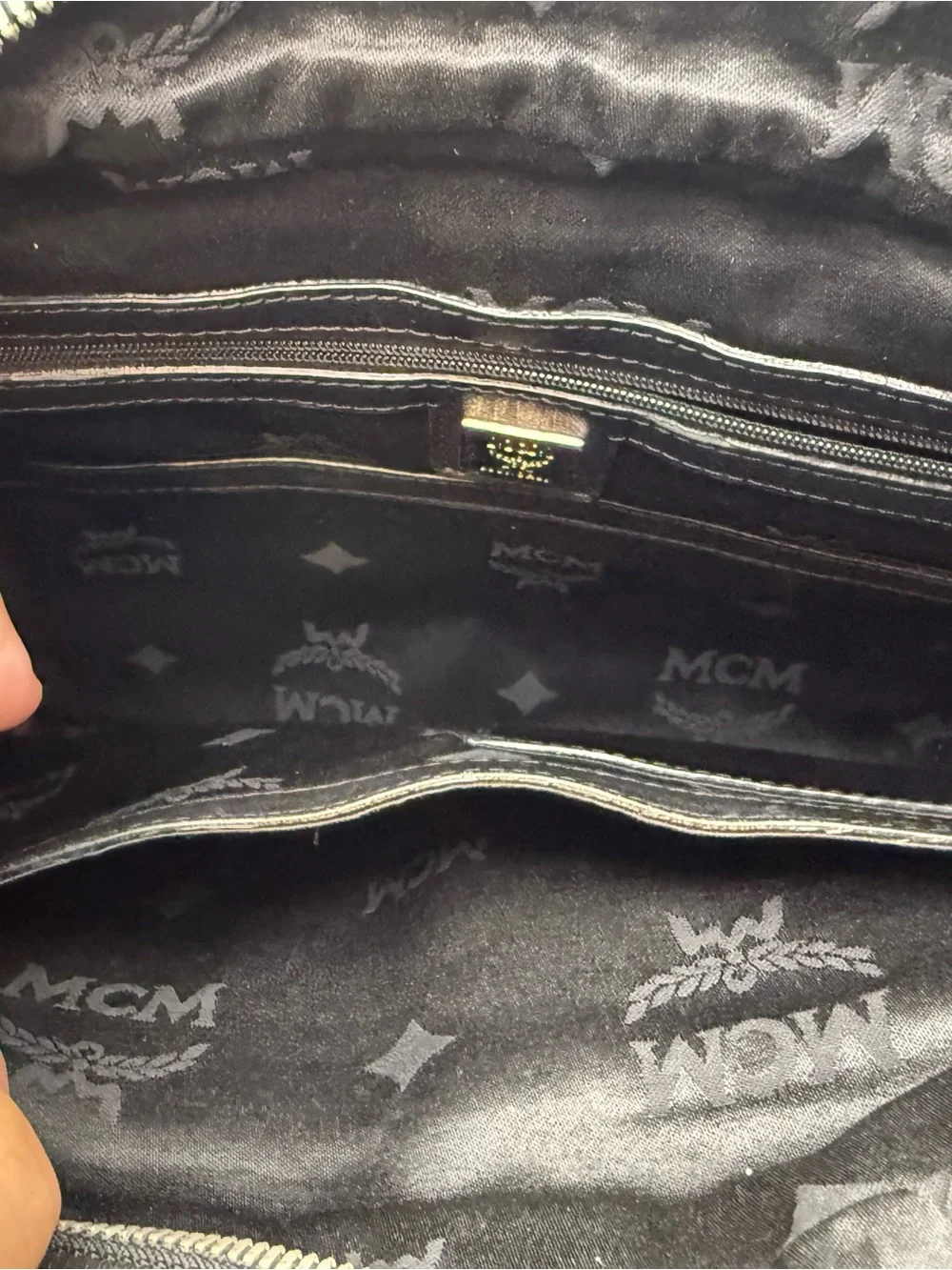 MCM Black Perforated Leather Messenger Bag with Gold Plaque